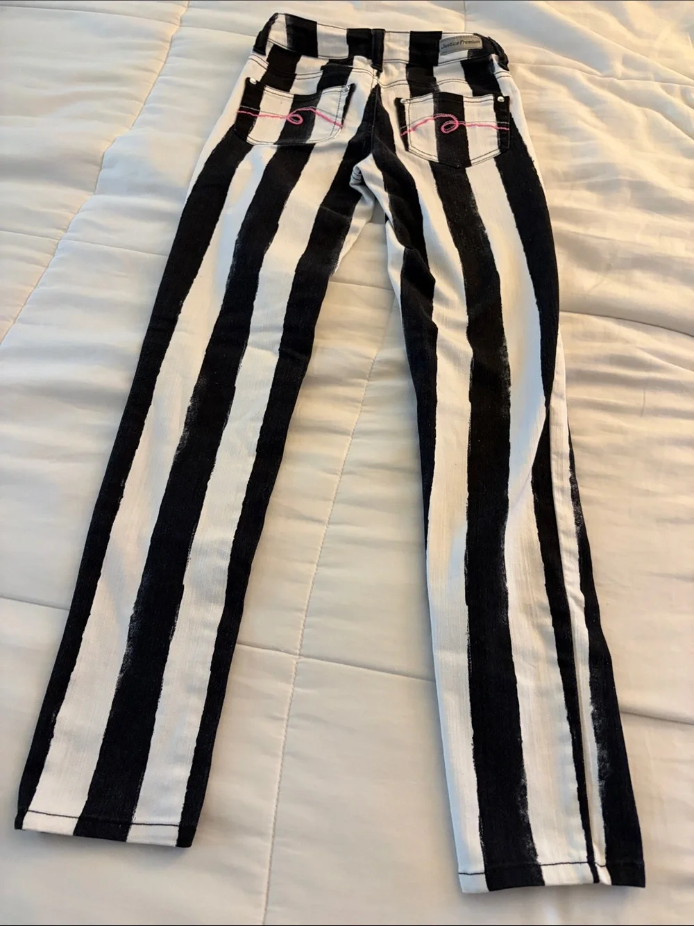 Justice Premium Black & White Striped Jeans with Pink Script Logo Size 12S